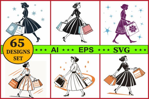 Retro Fashion Woman Shopping Clipart Set